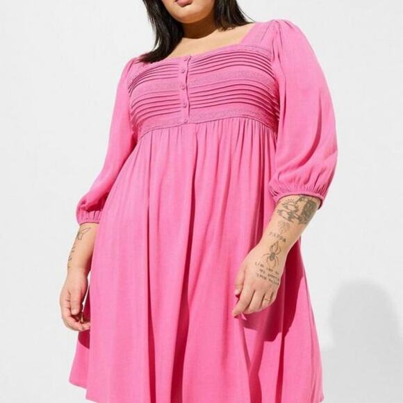 Torrid Pink Button Lace 3/4 Sleeve Slub Pintuck Neck Mini Dress Plus Size 2X - Picture 1 of 8